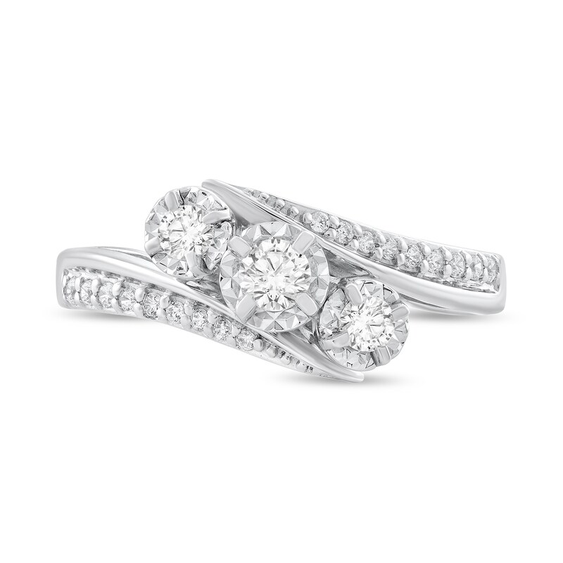 Main Image 3 of 3/8 CT. T.W. Diamond Three Stone Bypass Shank Engagement Ring in 10K White Gold