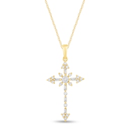 1/5 CT. T.W. Baguette and Round Diamond Tri-Ends Cross Pendant in 10K Gold