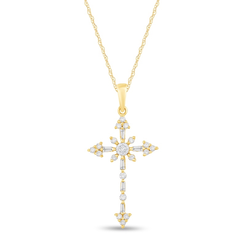 Main Image 1 of 1/5 CT. T.W. Baguette and Round Diamond Tri-Ends Cross Pendant in 10K Gold