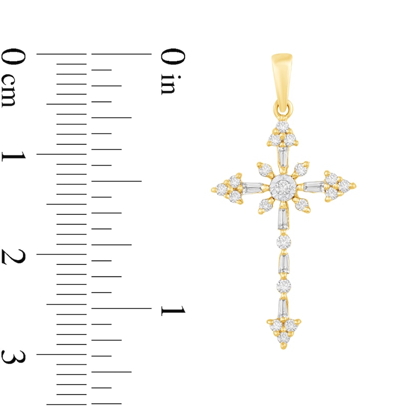 Main Image 2 of 1/5 CT. T.W. Baguette and Round Diamond Tri-Ends Cross Pendant in 10K Gold
