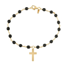 4.0mm Onyx Bead and Cross Charm Bracelet in Sterling Silver with 14K Gold Plate - 7.25"