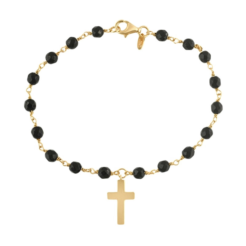 Main Image 1 of 4.0mm Onyx Bead and Cross Charm Bracelet in Sterling Silver with 14K Gold Plate - 7.25"