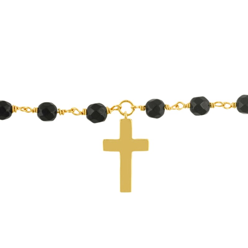 Main Image 2 of 4.0mm Onyx Bead and Cross Charm Bracelet in Sterling Silver with 14K Gold Plate - 7.25"