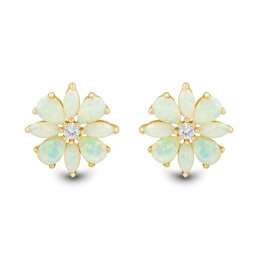 Lab-Created Opal and White Lab-Created Sapphire Flower Stud Earrings in Sterling Silver with 14K Gold Plate