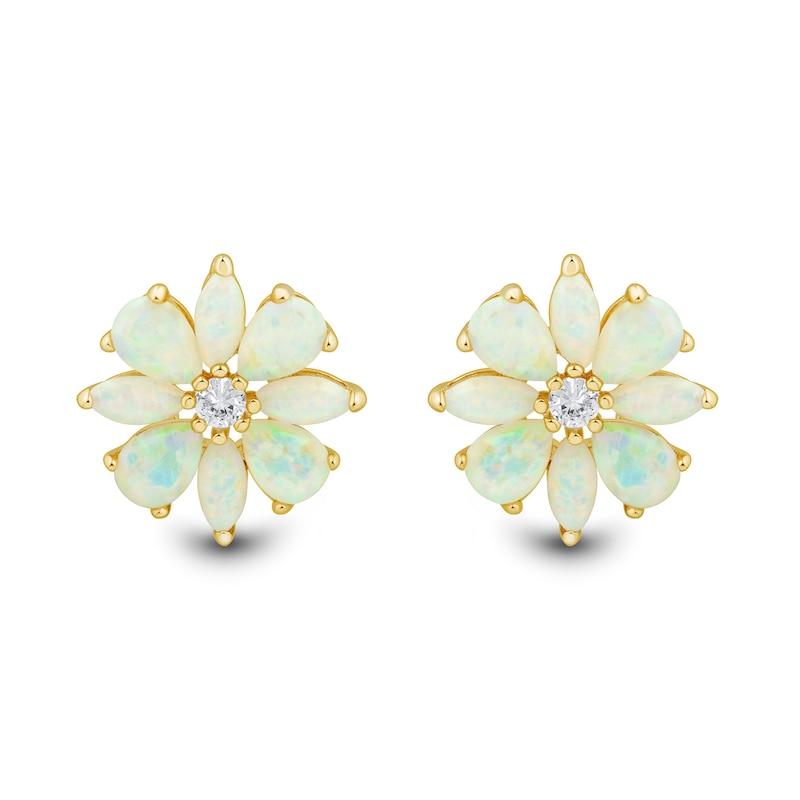 Main Image 1 of Lab-Created Opal and White Lab-Created Sapphire Flower Stud Earrings in Sterling Silver with 14K Gold Plate