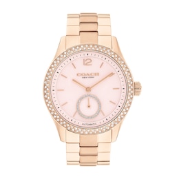 Ladies' Coach Brooks Crystal Accent Rose-Tone IP Automatic Watch with Pink Dial (Model: 14504488)