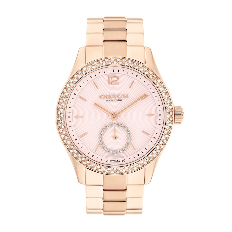 Main Image 1 of Ladies' Coach Brooks Crystal Accent Rose-Tone IP Automatic Watch with Pink Dial (Model: 14504488)