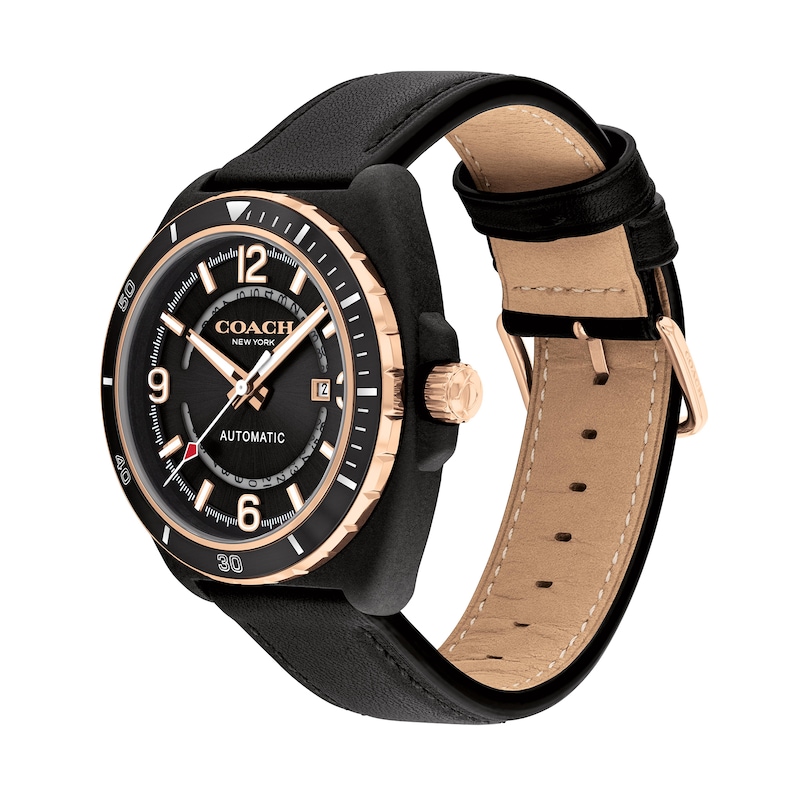 Main Image 2 of Men’s Coach Charter Black IP Leather Strap Automatic Watch with Black Dial (Model: 14602734)