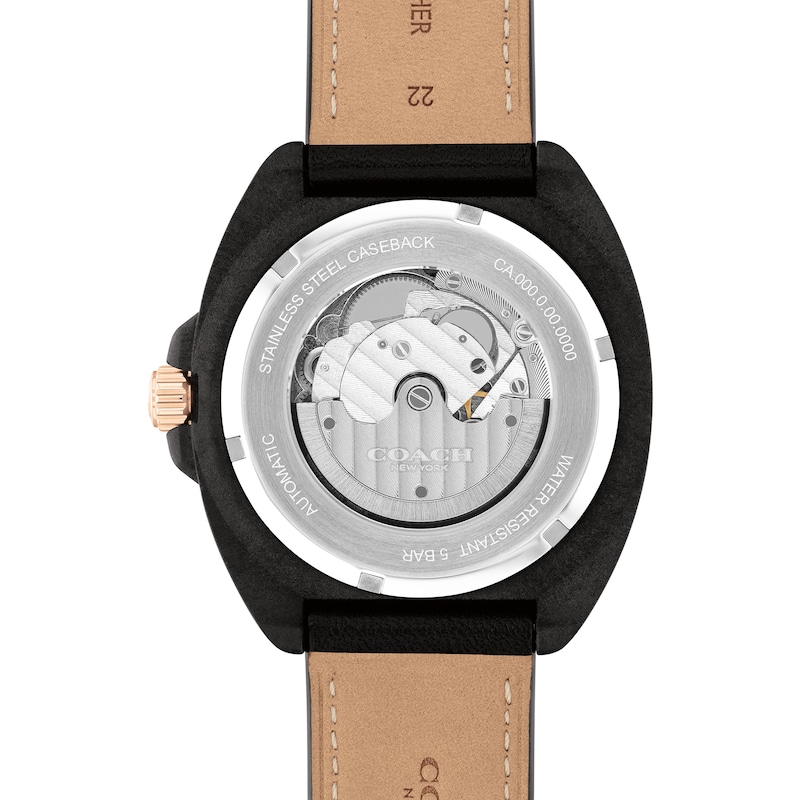Main Image 3 of Men’s Coach Charter Black IP Leather Strap Automatic Watch with Black Dial (Model: 14602734)