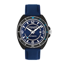 Men’s Coach Charter Black IP Blue Leather Strap Automatic Watch with Blue Dial (Model: 14602736)