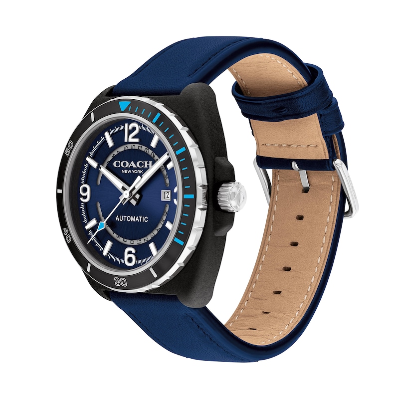 Main Image 2 of Men’s Coach Charter Black IP Blue Leather Strap Automatic Watch with Blue Dial (Model: 14602736)