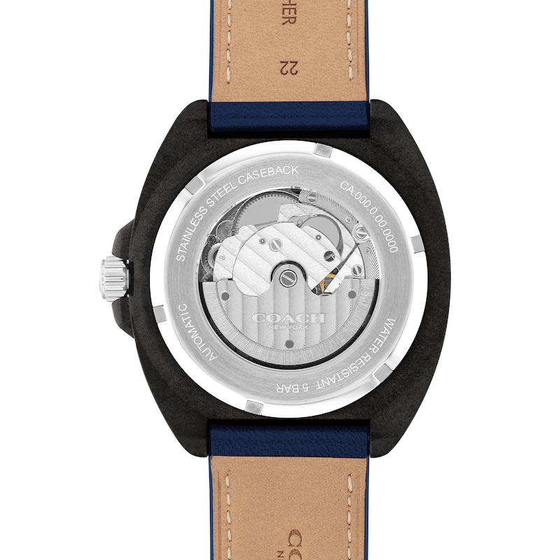 Main Image 3 of Men’s Coach Charter Black IP Blue Leather Strap Automatic Watch with Blue Dial (Model: 14602736)