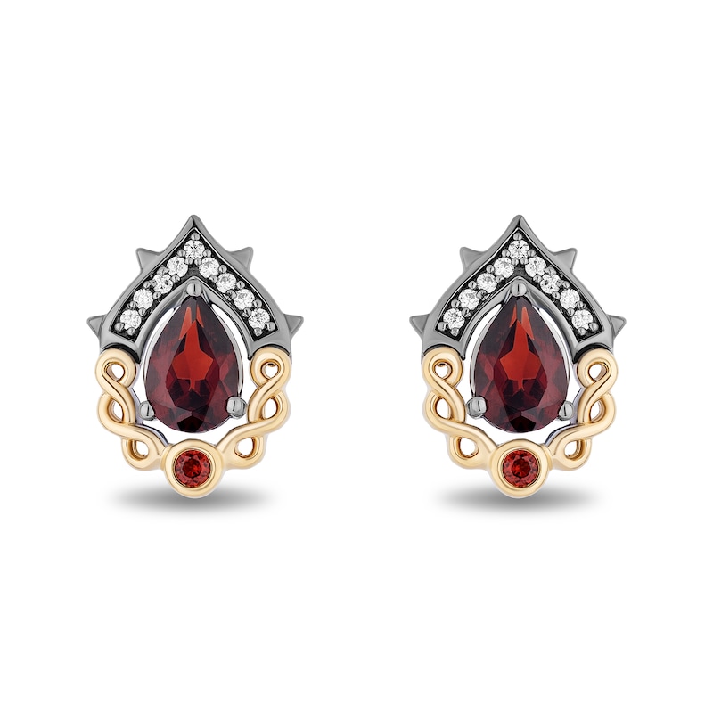 Main Image 1 of Enchanted Disney Villains Evil Queen Pear-Shaped Garnet and Diamond Crown Stud Earrings in Sterling Silver and 10K Gold
