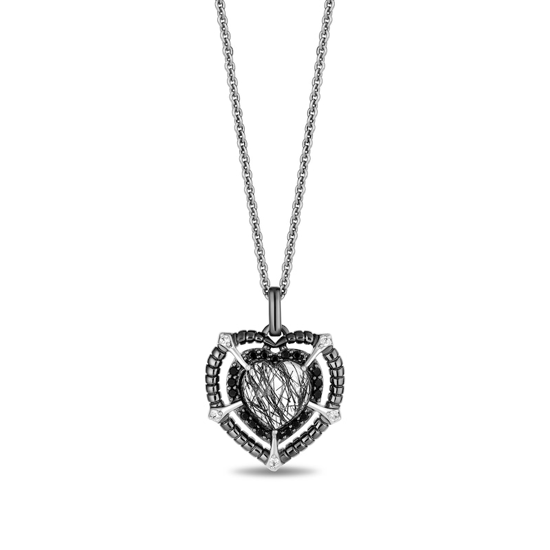 Main Image 1 of Enchanted Disney Villains Maleficent Heart-Shaped Black Quartz and 1/6 CT. T.W. Diamond Pendant in Sterling Silver