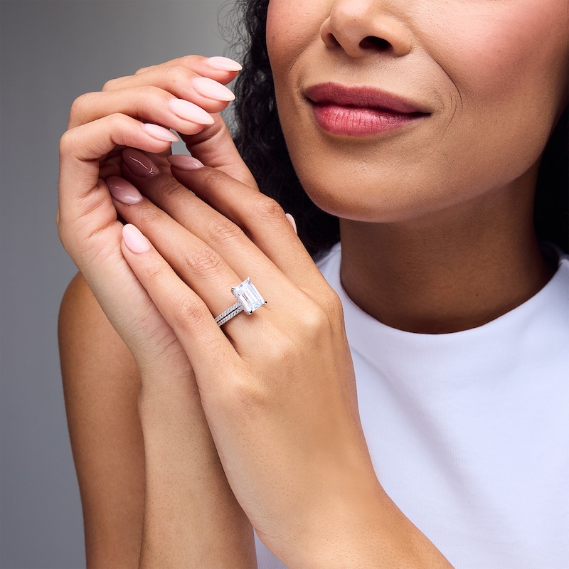 Main Image 2 of 5-5/8 CT. T.W. Emerald-Cut Certified Lab-Grown Diamond Bridal Set in 14K White Gold (F/VS2)