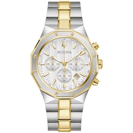 Men's Bulova Classic Prestige Two-Tone IP Chronograph Watch with White Dial (Model: 98B450)