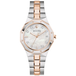 Ladies' Bulova Classic Prestige Diamond Accent Two-Tone IP Watch with Mother-of-Pearl Dial (Model: 98P235)