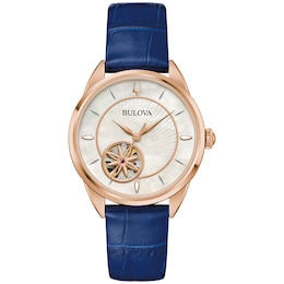 Ladies' Bulova Sutton Rose-Tone IP Blue Leather Strap Automatic Watch with Mother-of-Pearl Dial (Model: 97L180)
