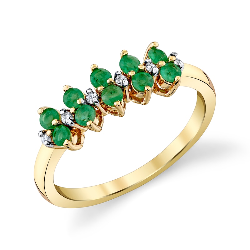 Main Image 1 of Emerald and 1/20 CT. T.W. Diamond Alternating Duos Ring in 10K Gold