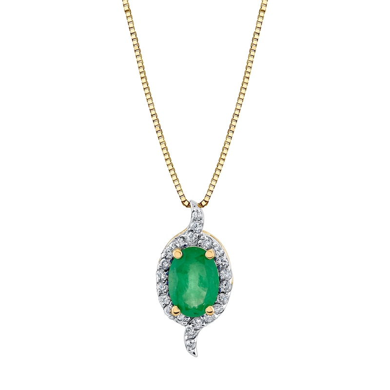 Main Image 1 of Oval Emerald and 1/6 CT. T.W. Diamond Bypass Ribbon Frame Pendant in 10K Gold