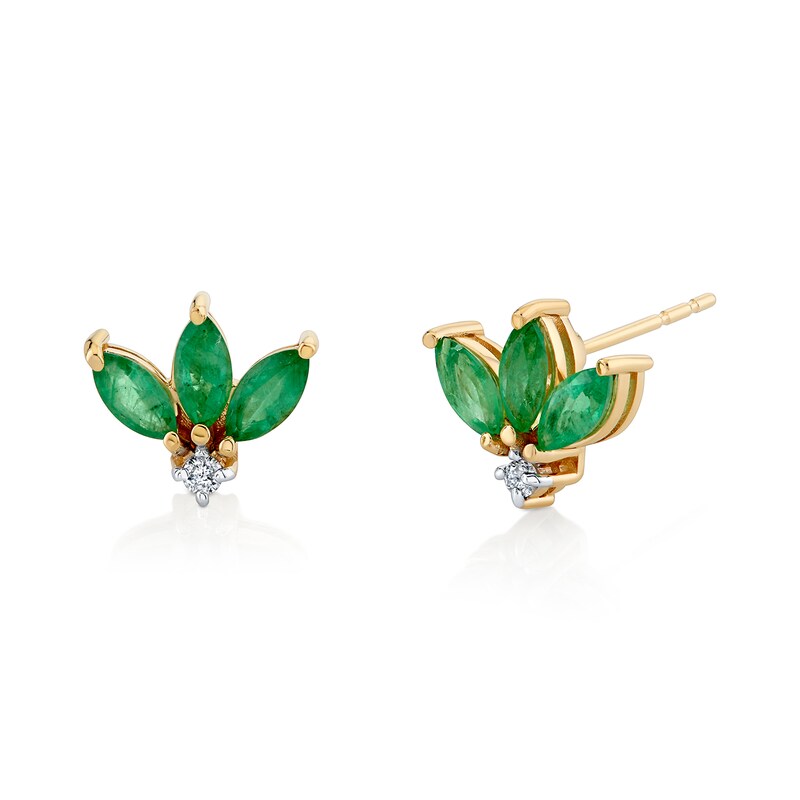 Main Image 1 of Marquise-Cut Emerald and 1/20 CT. T.W. Diamond Flower Stud Earrings in 10K Gold