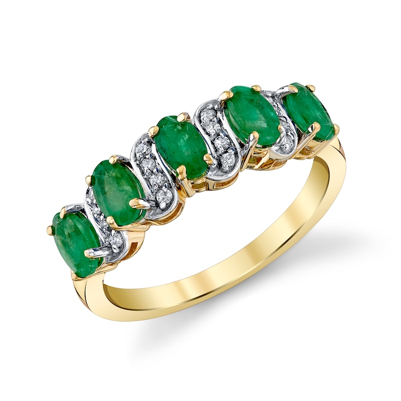 Main Image 1 of Oval Emerald and 1/15 CT. T.W. Diamond Five Stone Wave Ring in 10K Gold
