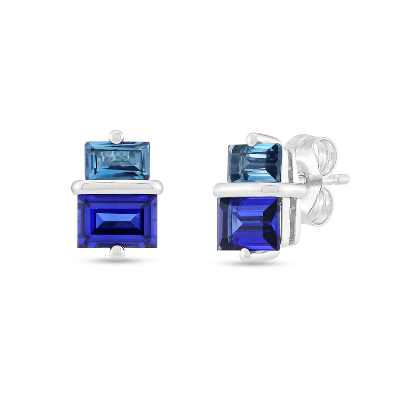 Main Image 1 of Baguette-Cut London Blue Topaz and Blue Lab-Created Sapphire Stud Earrings in Sterling Silver
