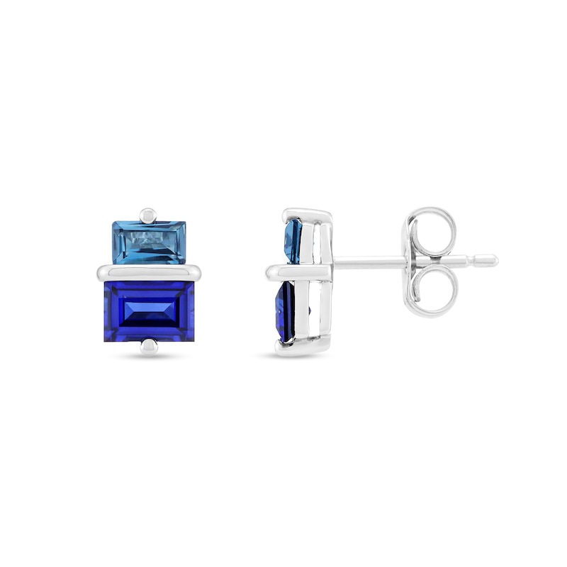 Main Image 2 of Baguette-Cut London Blue Topaz and Blue Lab-Created Sapphire Stud Earrings in Sterling Silver