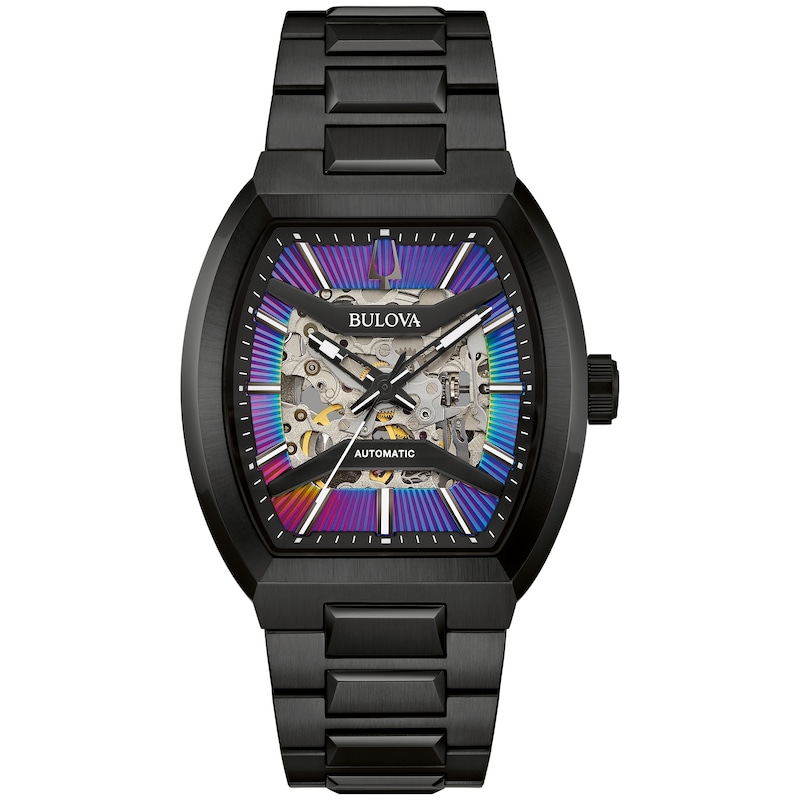 Main Image 1 of Men’s Bulova Maquina Black IP Automatic Watch with Tonneau Purple Skeleton Dial (Model: 98A320)