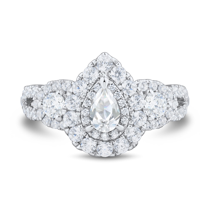 Main Image 2 of 1-1/2 CT. T.W. Pear-Shaped and Round Diamond Three Stone Double Frame Split Shank Engagement Ring in 14K White Gold