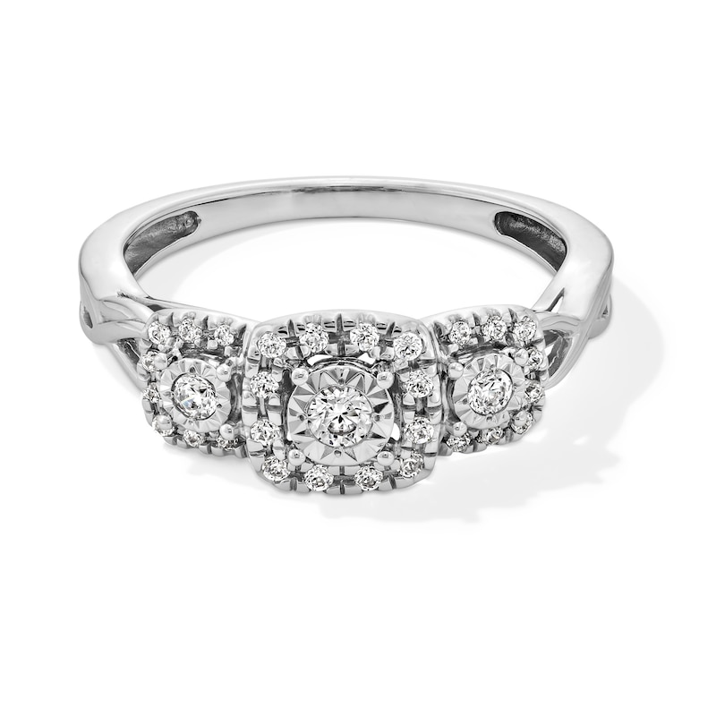 Main Image 1 of 1/4 CT. T.W. Diamond Cushion Frame Three Stone Crossover Shank Engagement Ring in 10K White Gold