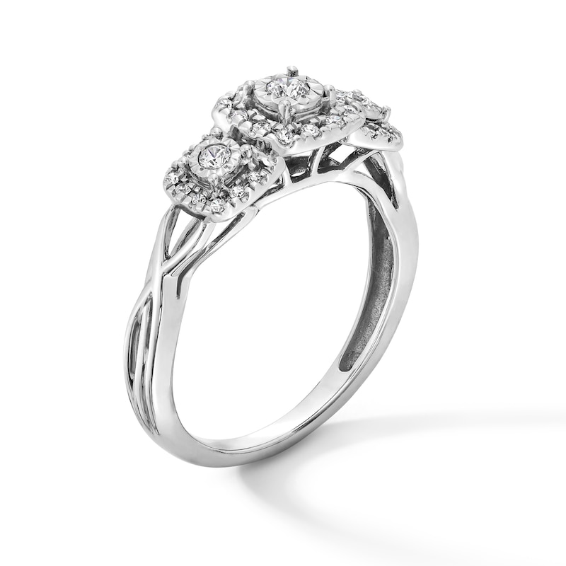 Main Image 3 of 1/4 CT. T.W. Diamond Cushion Frame Three Stone Crossover Shank Engagement Ring in 10K White Gold