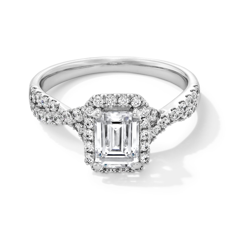 Main Image 1 of 1-3/8 CT. T.W. Emerald-Cut Certified Lab-Grown Diamond Frame Crossover Shank Engagement Ring in 14K White Gold (F/VS2)
