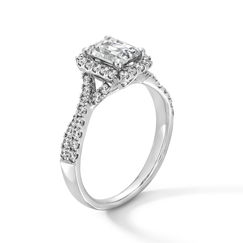 Main Image 3 of 1-3/8 CT. T.W. Emerald-Cut Certified Lab-Grown Diamond Frame Crossover Shank Engagement Ring in 14K White Gold (F/VS2)