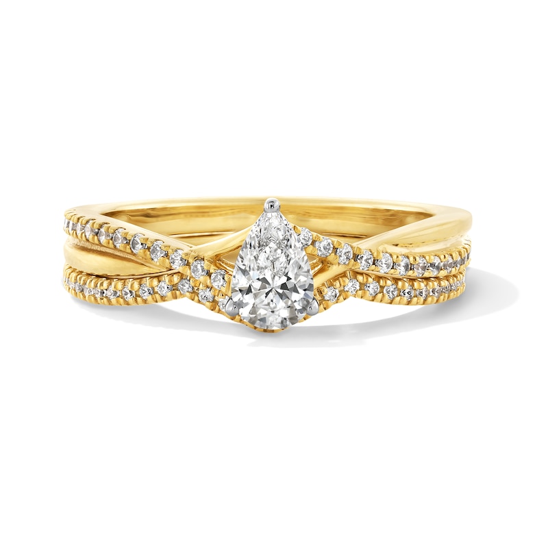 Main Image 1 of 1/2 CT. T.W. Pear-Shaped Diamond Crossover Shank Bridal Set in 14K Gold