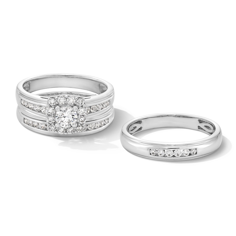 Main Image 1 of 1 CT. T.W. Certified Lab-Grown Diamond Cushion Frame Wedding Ensemble in 10K White Gold (F/SI2) - Size 7 and 10