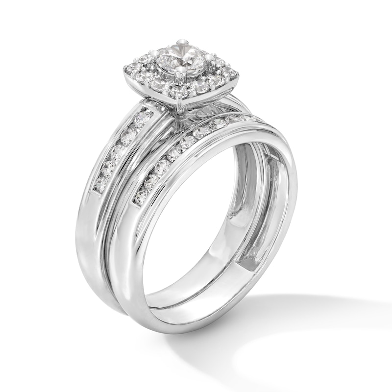 Main Image 2 of 1 CT. T.W. Certified Lab-Grown Diamond Cushion Frame Wedding Ensemble in 10K White Gold (F/SI2) - Size 7 and 10