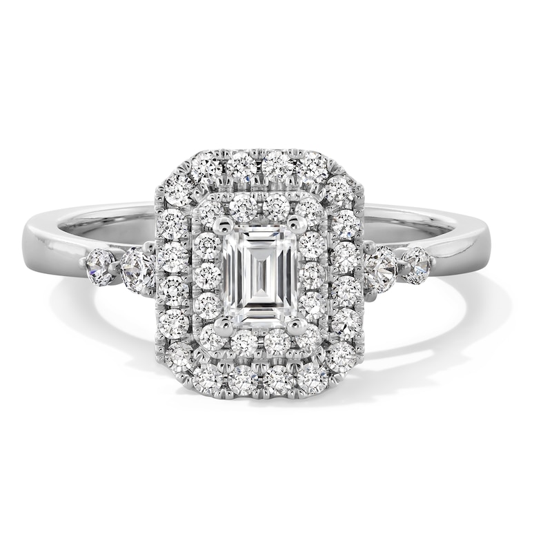 Main Image 1 of 5/8 CT. T.W. Emerald-Cut Diamond Double Octagonal Frame Engagement Ring in 14K White Gold