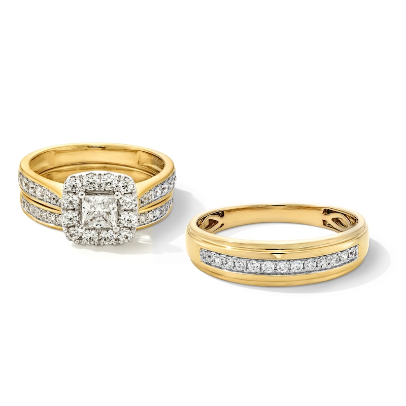 Main Image 1 of 1-1/3 CT. T.W. Princess-Cut Certified Lab-Grown Diamond Cushion Frame Wedding Ensemble in 10K Two-Tone Gold (F/SI2)