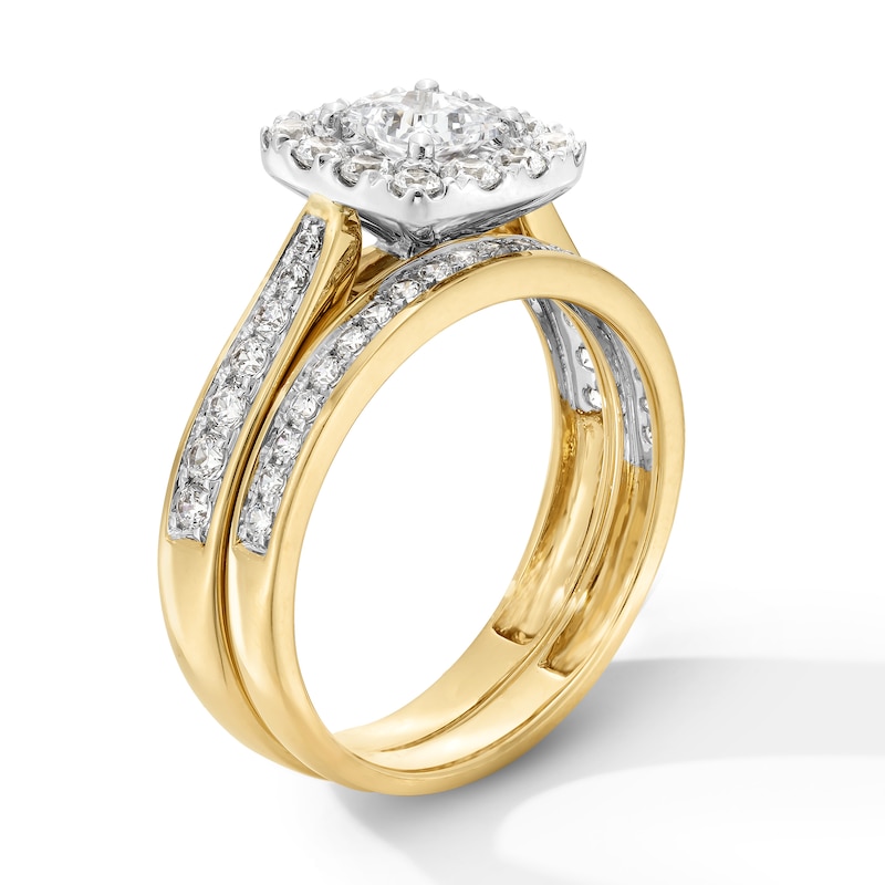 Main Image 2 of 1-1/3 CT. T.W. Princess-Cut Certified Lab-Grown Diamond Cushion Frame Wedding Ensemble in 10K Two-Tone Gold (F/SI2)