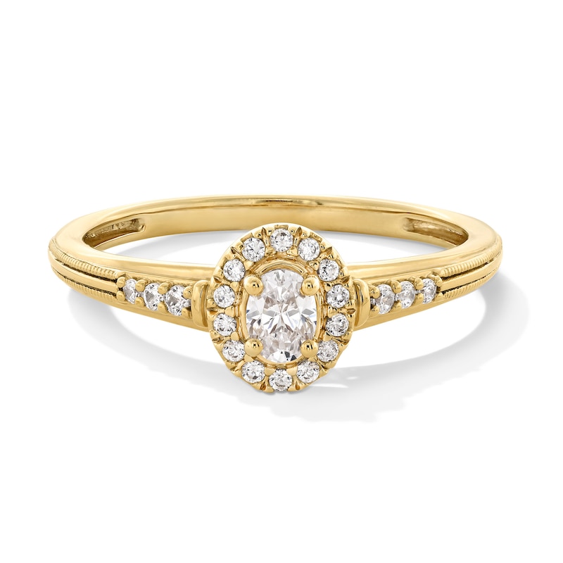 Main Image 1 of 1/4 CT. T.W. Oval Certified Lab-Grown Diamond Frame Promise Ring in 10K Gold (F/SI2)