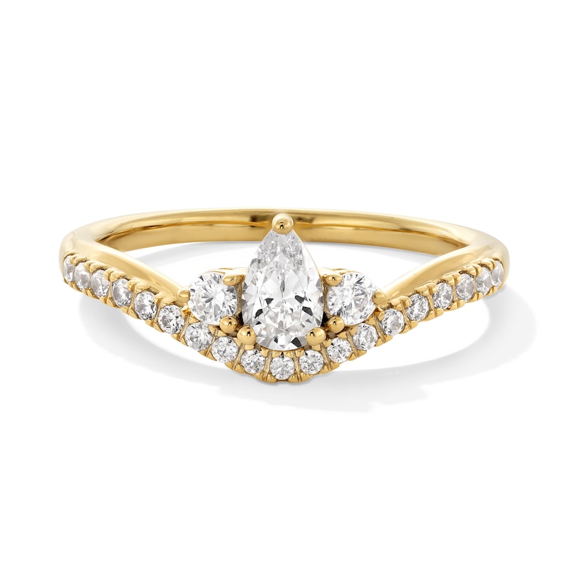 Main Image 1 of 1/2 CT. T.W. Pear-Shaped Certified Lab-Grown Diamond Three Stone Contour Promise Ring in 10K Gold (F/SI2)