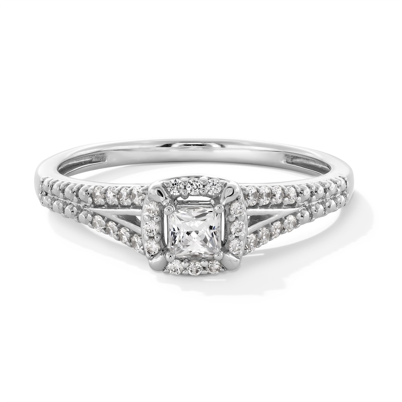 Main Image 1 of 1/3 CT. T.W. Princess-Cut Certified Lab-Grown Diamond Frame Split Shank Promise Ring in 10K White Gold (F/SI2)