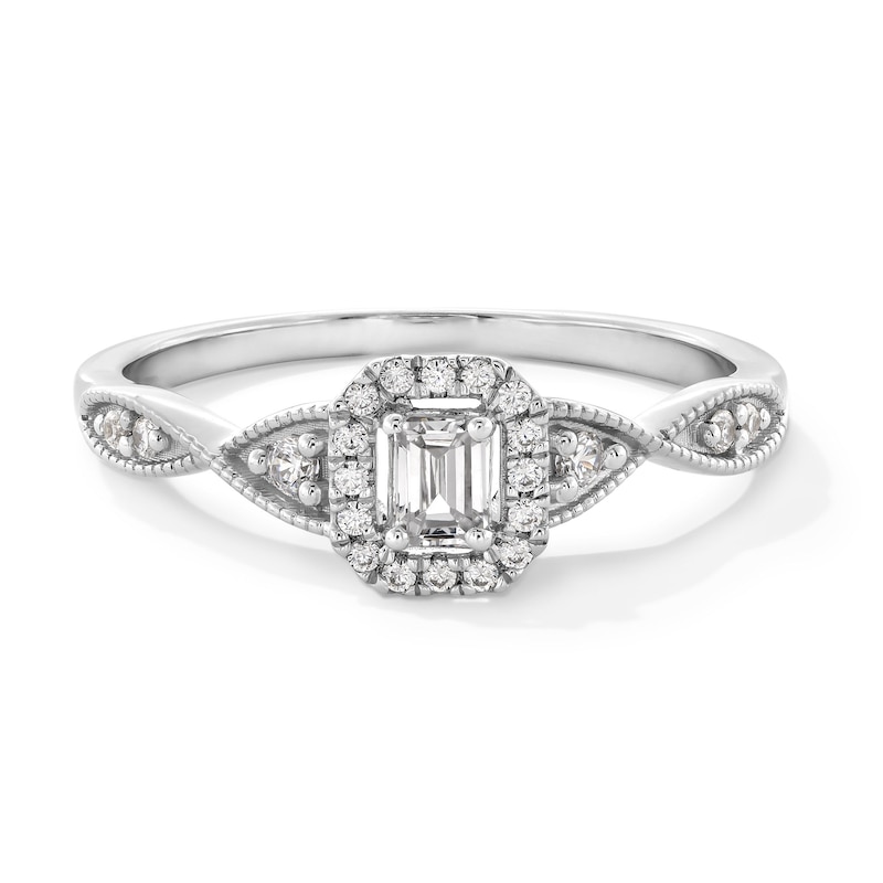 Main Image 1 of 1/4 CT. T.W. Emerald-Cut Certified Lab-Grown Diamond Frame Twist Shank Vintage-Style Promise Ring in 10K White Gold