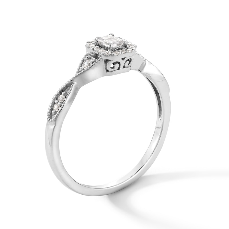 Main Image 2 of 1/4 CT. T.W. Emerald-Cut Certified Lab-Grown Diamond Frame Twist Shank Vintage-Style Promise Ring in 10K White Gold
