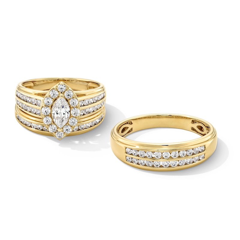 Main Image 1 of 1-1/2 CT. T.W. Marquise-Cut Certified Lab-Grown Diamond Frame Double Row Shank Wedding Ensemble in 10K Gold (F/SI2)