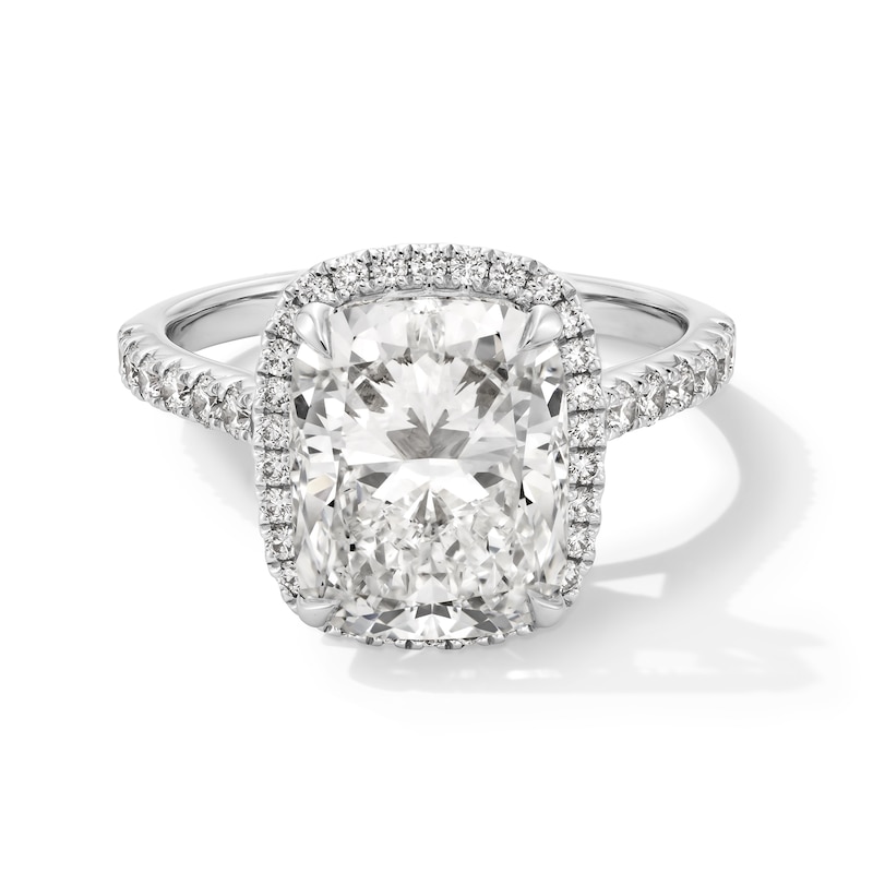 Main Image 1 of 4-1/2 CT. T.W. Cushion-Cut Certified Lab-Grown Diamond Frame Engagement Ring in 14K White Gold (F/VS2)