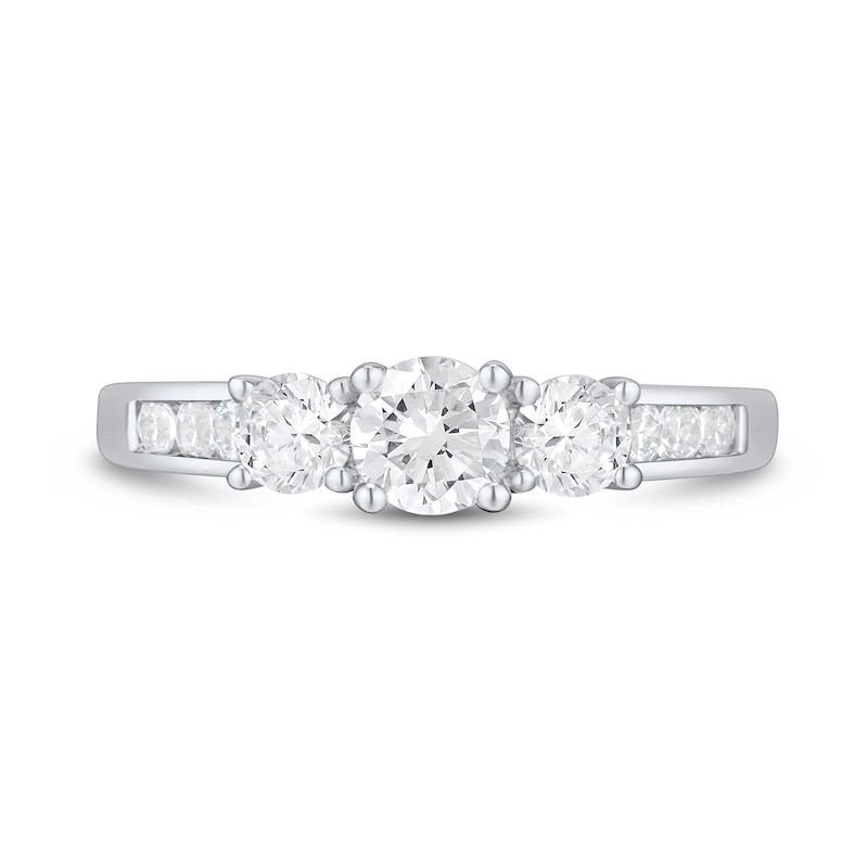 Main Image 3 of 1 CT. T.W. Diamond Three Stone Channel-Set Shank Engagement Ring in 14K White Gold