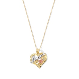 Diamond-Cut “Amor” Heart Pendant in 10K Tri-Tone Gold
