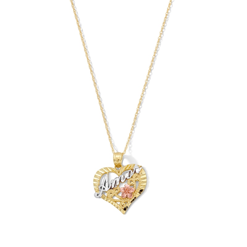 Main Image 1 of Diamond-Cut “Amor” Heart Pendant in 10K Tri-Tone Gold